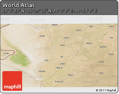 Satellite 3D Map of the Area around 24° 22' 49" N, 71° 28' 29" E