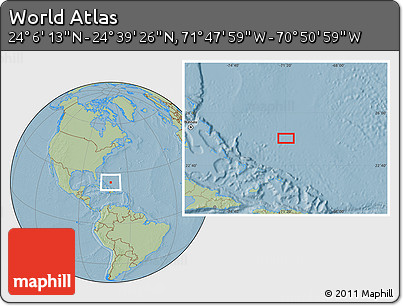 Savanna Style Location Map of the Area around 24° 22' 49" N, 71° 19' 29" W, hill shading