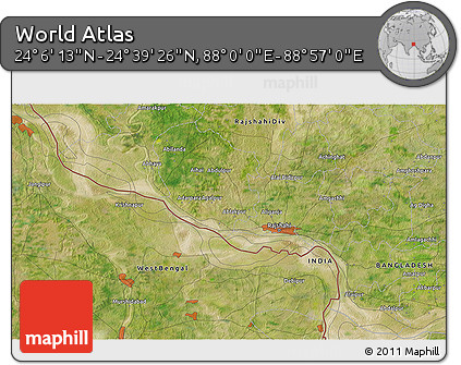 Satellite 3D Map of the Area around 24° 22' 49" N, 88° 28' 29" E