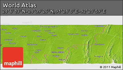 Physical Panoramic Map of the Area around 24° 22' 49" N, 91° 52' 30" E