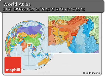 Political Location Map of the Area around 24° 22' 49" N, 93° 34' 29" E