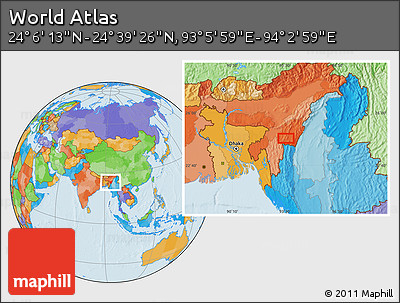 Political Location Map of the Area around 24° 22' 49" N, 93° 34' 29" E