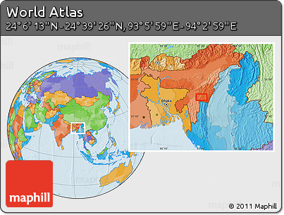 Political Location Map of the Area around 24° 22' 49" N, 93° 34' 29" E