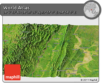 Satellite 3D Map of the Area around 24° 22' 49" N, 94° 25' 30" E