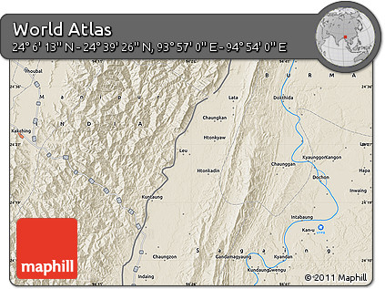 Shaded Relief Map of the Area around 24° 22' 49" N, 94° 25' 30" E