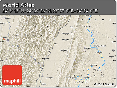 Shaded Relief Map of the Area around 24° 22' 49" N, 94° 25' 30" E