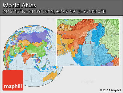 Political Location Map of the Area around 24° 22' 49" N, 95° 16' 30" E