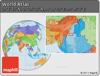 Political Location Map of the Area around 24° 22' 49" N, 95° 16' 30" E
