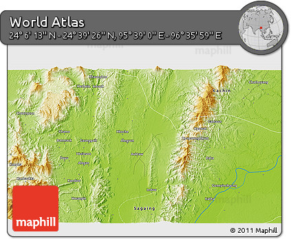 Physical 3D Map of the Area around 24° 22' 49" N, 96° 7' 30" E