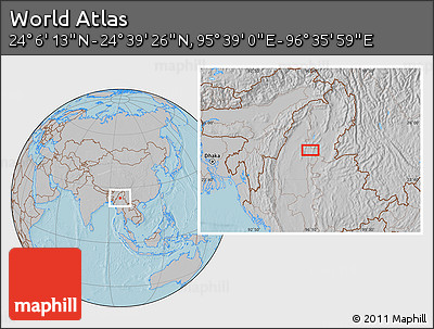Gray Location Map of the Area around 24° 22' 49" N, 96° 7' 30" E, hill shading