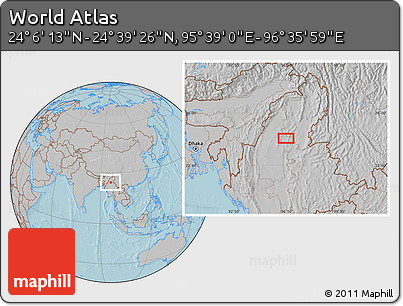 Gray Location Map of the Area around 24° 22' 49" N, 96° 7' 30" E, hill shading