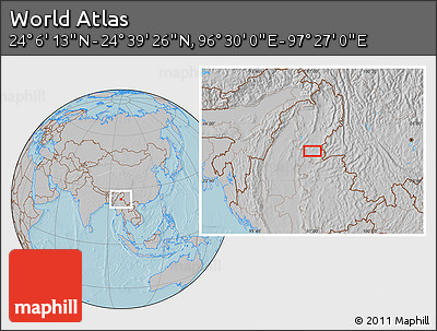 Gray Location Map of the Area around 24° 22' 49" N, 96° 58' 29" E, hill shading