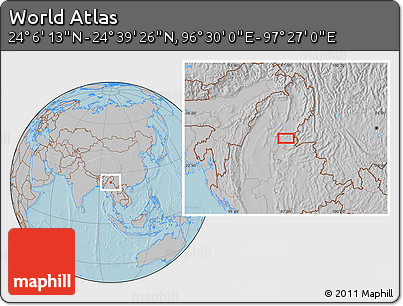 Gray Location Map of the Area around 24° 22' 49" N, 96° 58' 29" E, hill shading