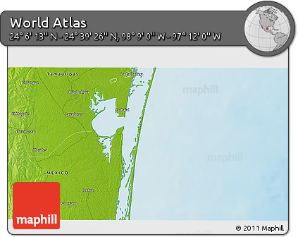 Physical 3D Map of the Area around 24° 22' 49" N, 97° 40' 30" W