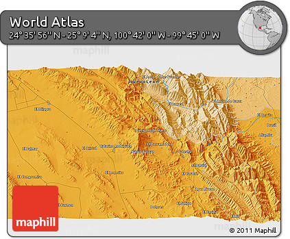 Political 3D Map of the Area around 24° 52' 30" N, 100° 13' 29" W