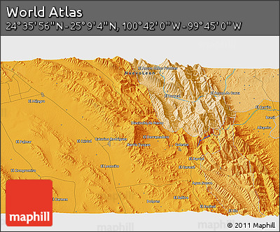 Political 3D Map of the Area around 24° 52' 30" N, 100° 13' 29" W