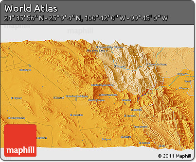 Political 3D Map of the Area around 24° 52' 30" N, 100° 13' 29" W