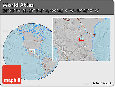 Gray Location Map of the Area around 24° 52' 30" N, 100° 13' 29" W, hill shading