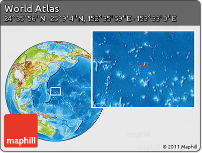 Physical Location Map of the Area around 24° 52' 30" N, 153° 4' 29" E