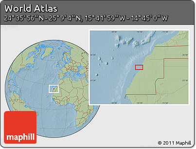 Savanna Style Location Map of the Area around 24° 52' 30" N, 15° 13' 29" W, hill shading