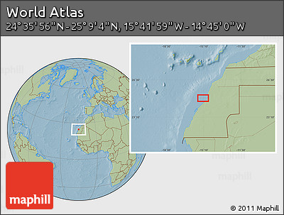 Savanna Style Location Map of the Area around 24° 52' 30" N, 15° 13' 29" W, hill shading