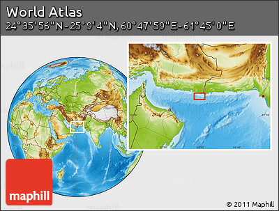 Physical Location Map of the Area around 24° 52' 30" N, 61° 16' 29" E