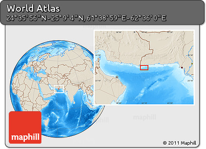 Shaded Relief Location Map of the Area around 24° 52' 30" N, 62° 7' 30" E