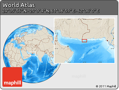 Shaded Relief Location Map of the Area around 24° 52' 30" N, 62° 7' 30" E