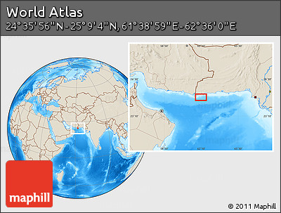 Shaded Relief Location Map of the Area around 24° 52' 30" N, 62° 7' 30" E