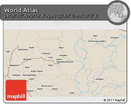 Shaded Relief 3D Map of the Area around 24° 52' 30" N, 91° 1' 30" E