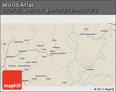 Shaded Relief 3D Map of the Area around 24° 52' 30" N, 91° 1' 30" E