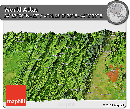 Satellite 3D Map of the Area around 24° 52' 30" N, 93° 34' 29" E
