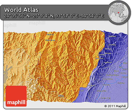 Political 3D Map of the Area around 24° 52' 30" N, 94° 25' 30" E