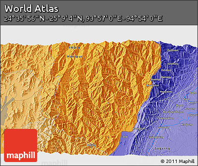 Political 3D Map of the Area around 24° 52' 30" N, 94° 25' 30" E