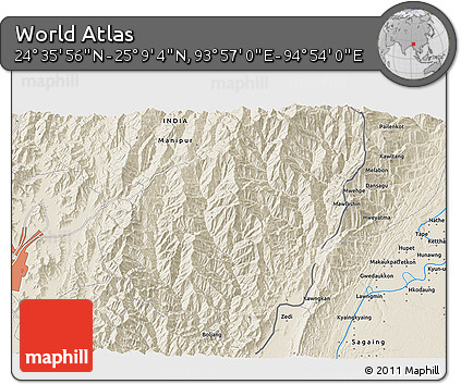 Shaded Relief 3D Map of the Area around 24° 52' 30" N, 94° 25' 30" E