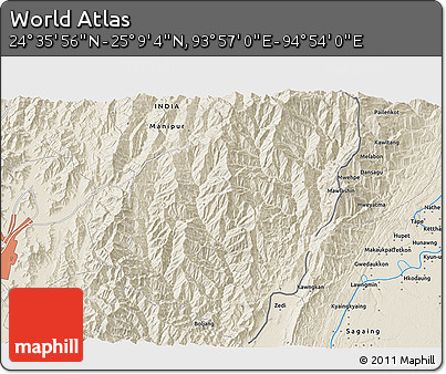 Shaded Relief 3D Map of the Area around 24° 52' 30" N, 94° 25' 30" E