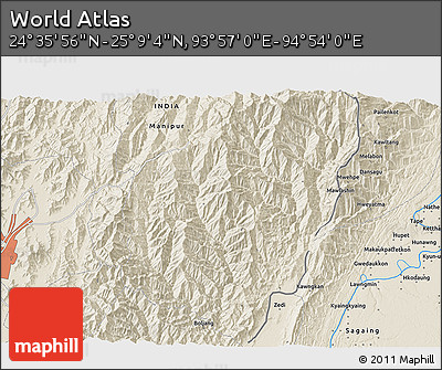 Shaded Relief 3D Map of the Area around 24° 52' 30" N, 94° 25' 30" E