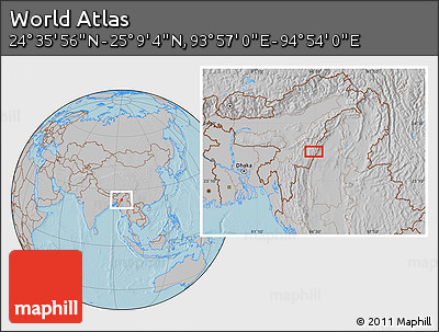 Gray Location Map of the Area around 24° 52' 30" N, 94° 25' 30" E, hill shading