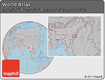 Gray Location Map of the Area around 24° 52' 30" N, 94° 25' 30" E, hill shading
