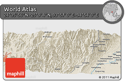 Shaded Relief Panoramic Map of the Area around 24° 52' 30" N, 94° 25' 30" E