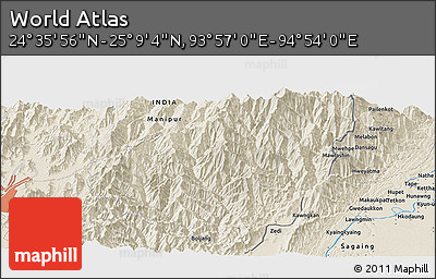 Shaded Relief Panoramic Map of the Area around 24° 52' 30" N, 94° 25' 30" E
