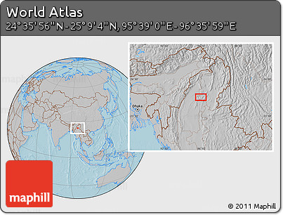 Gray Location Map of the Area around 24° 52' 30" N, 96° 7' 30" E, hill shading