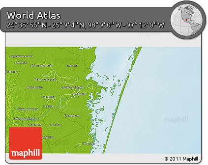 Physical 3D Map of the Area around 24° 52' 30" N, 97° 40' 30" W