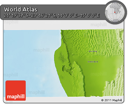 Physical 3D Map of the Area around 24° 2' 59" S, 14° 31' 30" E