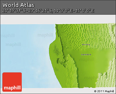 Physical 3D Map of the Area around 24° 2' 59" S, 14° 31' 30" E