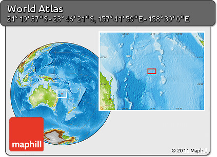 Physical Location Map of the Area around 24° 2' 59" S, 158° 10' 30" E