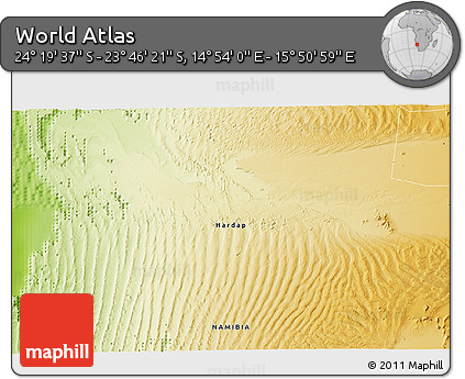 Physical 3D Map of the Area around 24° 2' 59" S, 15° 22' 30" E