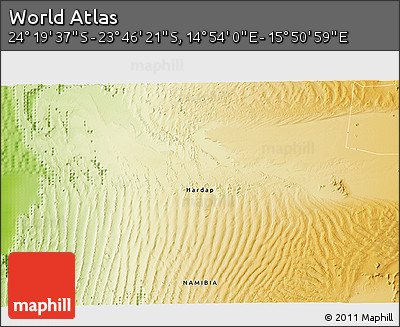 Physical 3D Map of the Area around 24° 2' 59" S, 15° 22' 30" E