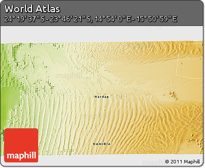 Physical 3D Map of the Area around 24° 2' 59" S, 15° 22' 30" E
