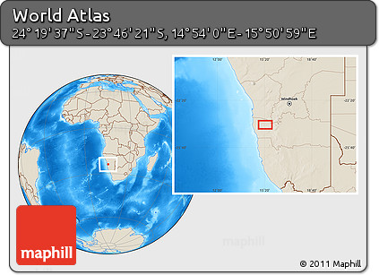 Shaded Relief Location Map of the Area around 24° 2' 59" S, 15° 22' 30" E